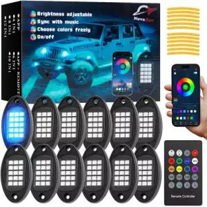 NOVAREV 12 포드 트럭용 RGB LED 락 라이트는 앱 리모컨 음악 모드 경고 스티커 야광 조명 아래 멀티존