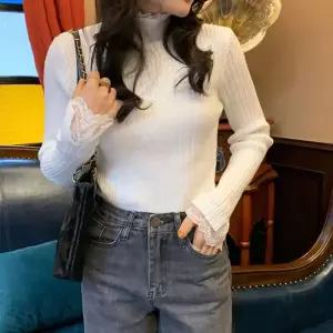 친절한탄씨 프릴 레이스 소매 슬림 골지 이너 데일리 니트탑 SS-169) 여성니트 이너티셔츠 레이스티