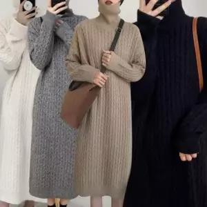 빅사이즈겨울옷 여성 루즈핏 도톰 니트짜임 목폴라 니트 롱원피스