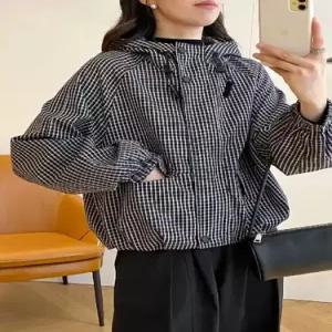 가을 여성 점퍼 후드 체크 쇼트 코트 빅사이즈 OP3
