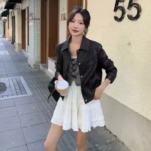 여성 가을 캐주얼 가죽 자켓 핫 레더 코트 루즈핏 숏 라이더 워싱 BE3