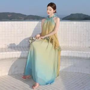예쁜 쉬폰 해변 바캉스 포토 그라데이션 홀터넥 비치 원피스 여성 롱 SPO마켓1
