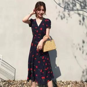 여성 브이넥 체리패턴 무늬 롱 원피스 OPC008N