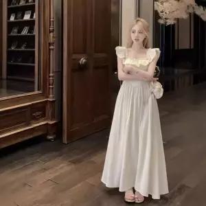여성 추천각 쉬폰 원피스 프릴 스퀘어넥 날개 소매 여름 프렌치 스위트 스커트 롱 OOTD2