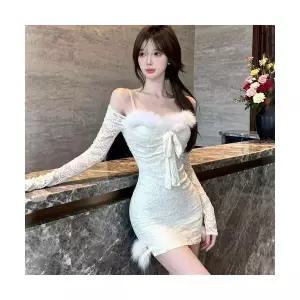 여성 레이어드 레이스 원피스 일자 어깨털 봄 이너로 슬림핏 힙업 스커트 스포M1