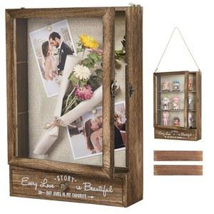 AW BRIDAL 11X16 대형 섀도우 박스 액자 깊은 진열 케이스와 분리형 선반 및 서랍, 슬롯 크리스마스 장식 선물용 갈색 나무 메모리