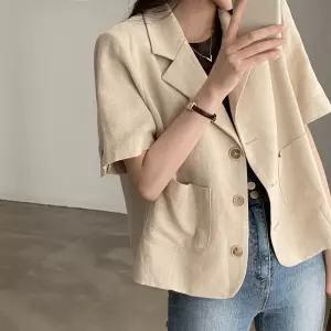 여성 오늘도예쁜 정장 자켓 여름 복고풍 터틀넥 쓰리버튼 루즈핏 캐주얼 반팔 린넨 코트 OOTD2