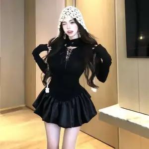 원피스 치마 여친 빈티지 A라인 봉오리 슬림핏 긴팔 멜빵 검정 가을작은 OP3