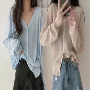 브이넥 가디건 긴팔 루즈핏 여자 니트 시스루 여름