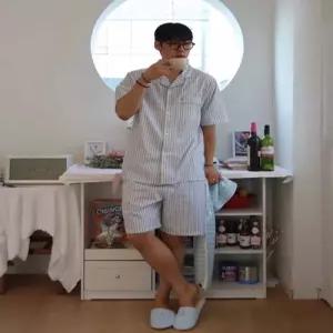 빈폴 액세서리 코튼 폴리 스트라이프 반소매 파자마 SET 블루 BE5368M01P
