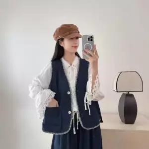 여성용 데님 가을 빈티지 조끼 아우터 나시 브이넥 민소매 톱 트렌드 KS3