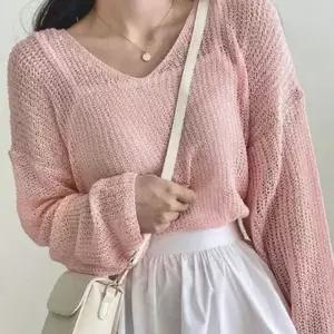 ( )여성 브이넥 봄 여름 긴팔 그물 망사 니트 티 핑크