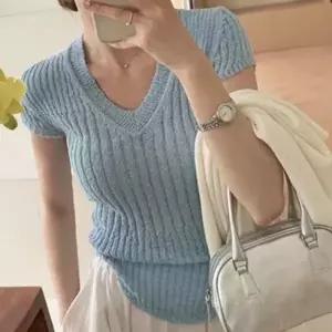 ( )여성 부클 니트 여름 브이넥 캡소매 반팔 티 스카이