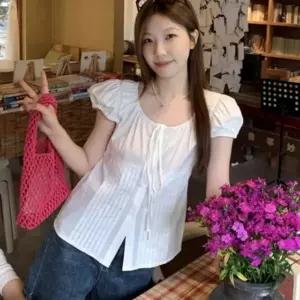 ( )1P 화이트 핀턱 시원한 반팔 프릴 셔츠 여성 면소재 U넥 블라우스 상의 여름 원픽 셀파