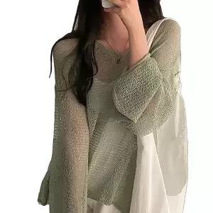 시스루 티셔츠 여성 레이어드룩 니트 브이넥 여름 시원한 긴팔 그물 패션 망사 원픽 셀파