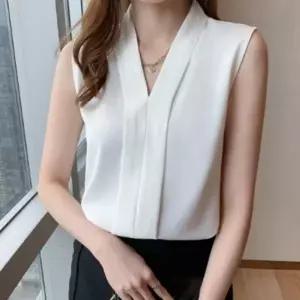 데일리 카라 블라우스 브이 여름 민소매 하객룩 여성