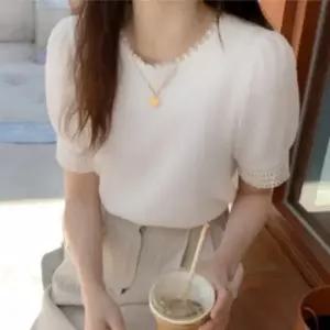 데이트룩 블라우스 여성 퍼프 여름 러블리 반팔 레이스
