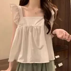 리본 포인트 블라우스 민소매 백리스 스퀘어넥 여성 여름