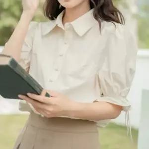 밴딩 캐주얼 블라우스 퍼프소매 카라 셔츠 여름 여성 스트링