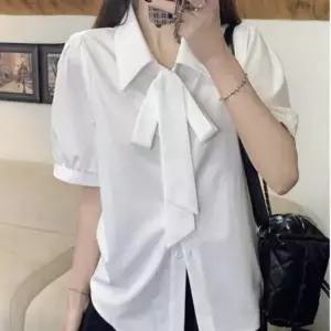 리본카라 여름 여성 블라우스 러블리 반팔 인기 캐주얼