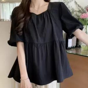 여름 카라 여성 플레어 루즈핏 블라우스 퍼프 반팔 백리스