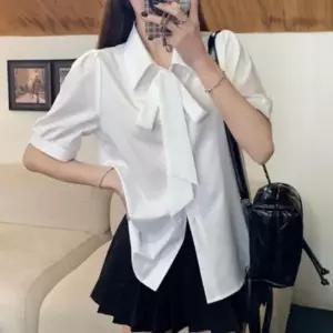 캐주얼 베이직 여름 카라 리본카라 반팔 블라우스 여성