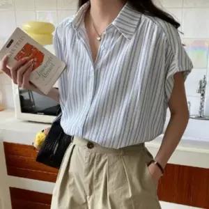 반팔 여름 여성 포멀룩 린넨반팔블라우스 린넨소재 스트라이프 블라우스 린넨셔츠 스트라이프블라우스 셔츠