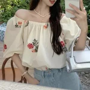 바캉스 블라우스 오프숄더 여름 여성 퍼프소매 휴양지 플라워
