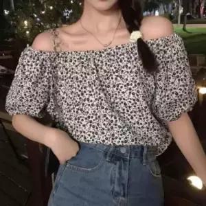 여름 블라우스 플라워 데일리 페미닌 밴딩 여성 오프숄더