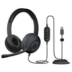 CYBER ACOUSTICS 스테레오 USB 헤드셋 AC MAC용 조절 가능한 음소거용 적합 마이크 인라인 컨트롤 PC 교실 볼륨 5008A 또는 가정에