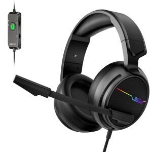 JEECOO V20U USB 프로 게이밍 헤드셋 캔슬링 노트북용 노이즈 PC용 메모리 헤드폰 조명 포함 사운드 이어 패드 RGB 서라운드 마이크