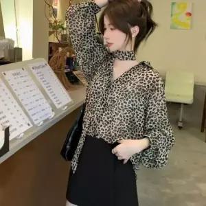 볼륨소매블라우스 데일리 블라우스 여성 레오파드 시스루 포인트 출근룩
