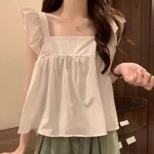 백 리본 스퀘어넥 민소매 블라우스 여름 뒷모습 포인트 반전 셔츠