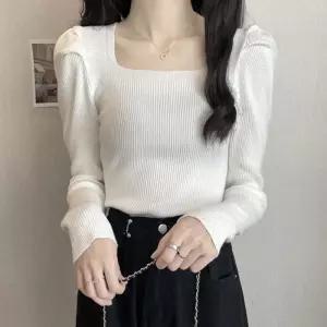 [룽스_62]퍼프 데일리티셔츠 소매 스퀘어넥 골지 긴팔 니트