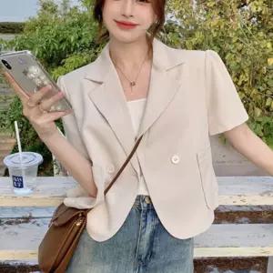 여성 크롭 원버튼 반팔 마이 1P 퍼프 소매 자켓 정장