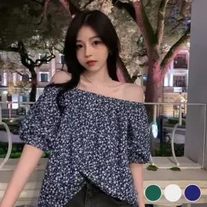 [룽스_62]퍼프 소매 작은 꽃무늬 패션 여리 브이 블라우스