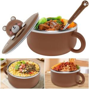 뚜껑이 있는 1200ml 라면 그릇 손잡이와 포크가 봉인된 밥솥 절연 국수  인스턴트 서빙
