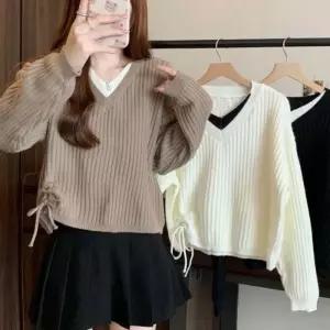 [룽스_62]레이스업 두톤 딥브이넥 골지티셔츠 골지 니트