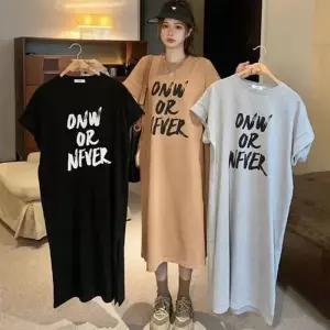 [룽스_62]레터링 간편한 롱 니트원피스 트임 반팔원피스