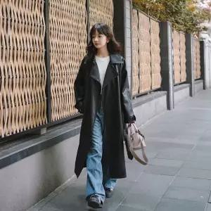 여성코트 블랙 스트링 pu가죽 트렌치코트 가을 빈티지 롱코트 심쿵빛