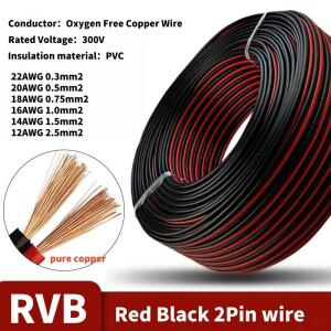 510M RVB 빨간색 검정색 2 핀 전선 12 14 16 18 20 22 AWG PVC 절연 베어 구리 LED 케이블