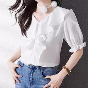[룽스_62]여성 프릴 데님자켓 새틴 포인트 화이트 블라우스