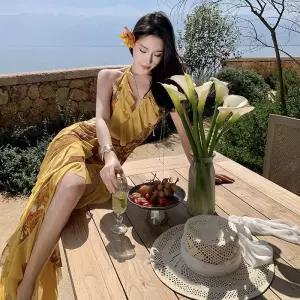 여자쉬폰원피스 원피스 여름 언밸런스 스커트 브이넥 롱 ible1