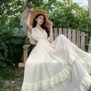 여자쉬폰원피스 브이넥 백프릴 원피스 분위기감 비치 바캉스 롱스커트 ible1