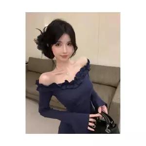 여자쉬폰원피스 봄 일자 어깨 원피스 나팔 스커트 긴팔 힙업 ible1