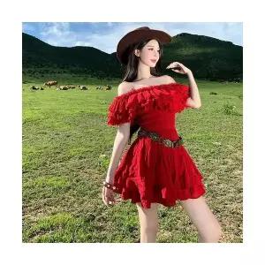여자쉬폰원피스 프렌치 바캉스룩 일자 어깨 레드 원피스 슬림핏 스커트 ible1