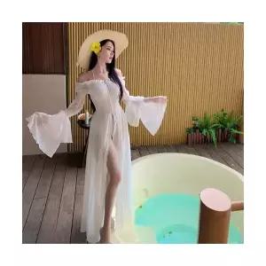 여성 쉬폰 원피스 프렌치 셔링 일자 어깨 바캉스룩 롱스커트 DUCHI1
