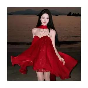 여성 쉬폰 원피스 섬 바캉스 레드 톱 스커트 DUCHI1