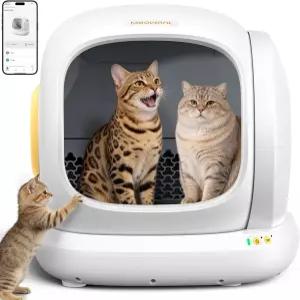 MeoWant 셀프 클리닝 고양이 쓰레기통 75L 대형 개방형 자동 매트 및 라이너가 포함된 통합 안전 보호/APP