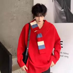 브이넥 니트 남성 스웨터 머플러넥 루즈핏 풀오버 레드 상의 admr1